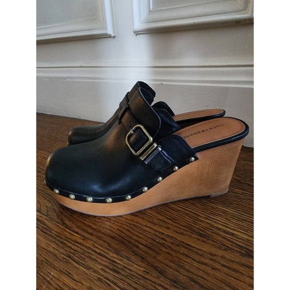 Lucky Brand Leather Wedge Clog Mules Black Studded Buckle Leather 9.5 - Picture 14 of 16